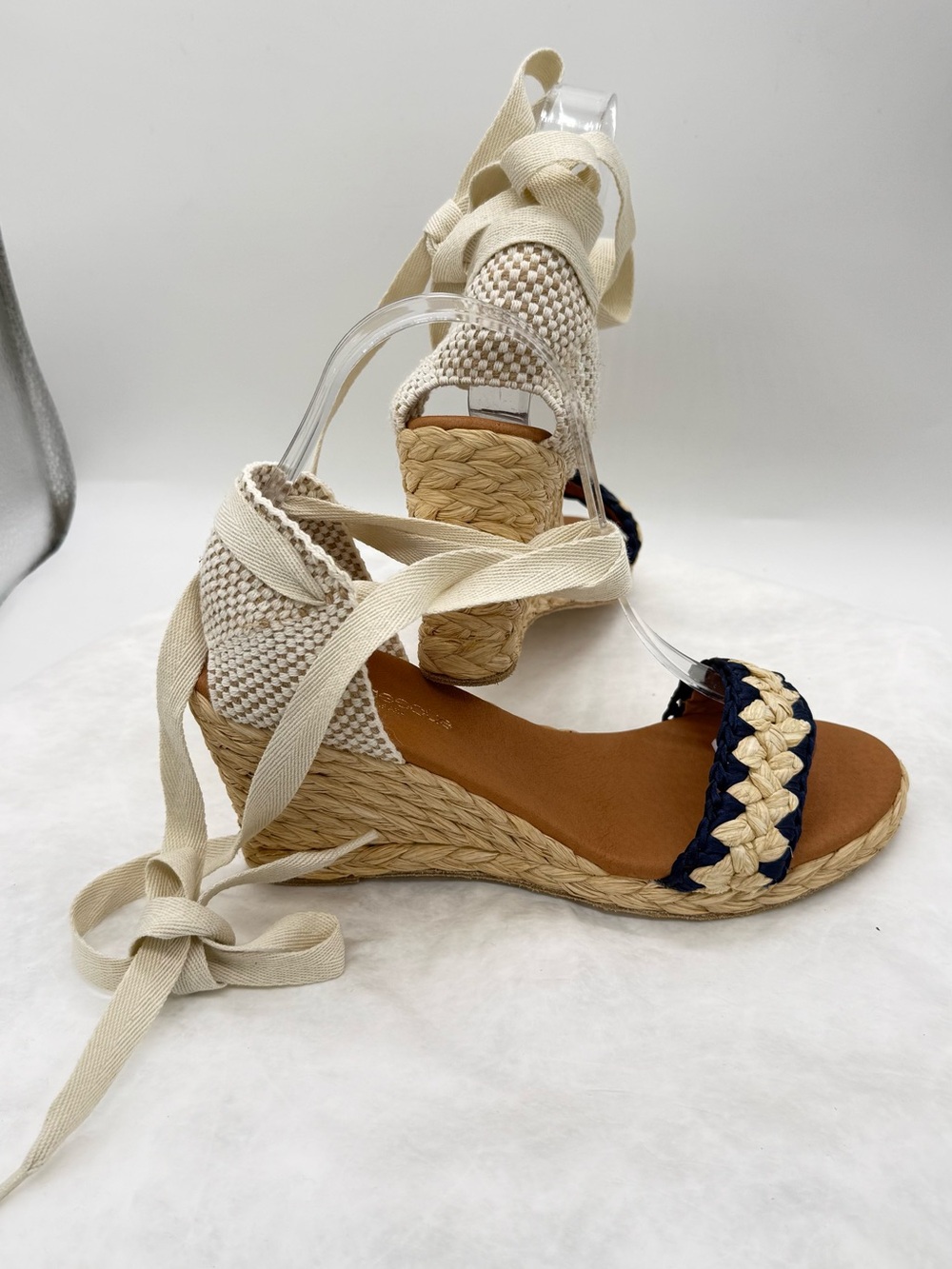 New Braided Espadrille Platform Wedges with Ankle Tie - Cream & Navy - Picture 7 of 7